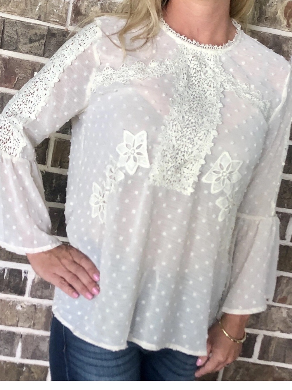 Umgee Coquette Boho Cream Crochet Swiss Dot Lace Semi-Sheer Blouse Top NWT